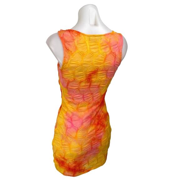 Akira Yellow Coral Textured Tie Dye Sleeveless Cami Tank Mini Bodycon Dress S - Picture 2 of 5